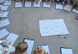 Dzieci podczas wspólnego dorysowywania kolejnej części ciała tworzonym potworom