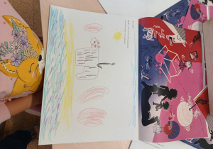 Rysunek dziecka przedstawiający wyobrażenie świata głoski i litery wokół dźwięku "i" - Iha, ha Co "i" po drodze widziało?