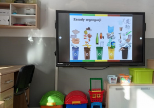 Dzieci oglądają prezentację dotyczącą zasad segregacji śmieci