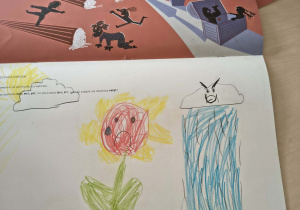 Rysunek dziecka przedstawiający wyobrażenie świata głoski i litery wokół dźwięku "r" - Ani słońca, ani deszczu "wrr"