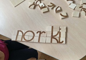 Ułożony z klocków wyraz "norki"