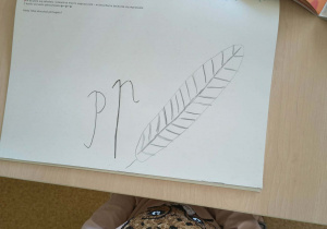 Rysunek dziecka przedstawiający wyobrażenie świata głoski i litery wokół dźwięku "p" - "p" dmuchające na piórko "p-p-p"