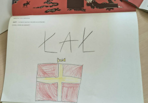 Rysunek dziecka przedstawiający wyobrażenie świata głoski i litery wokół dźwięku "ł" - "Łał! jaki piękny prezent!"